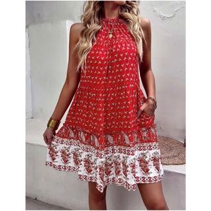 Boho Red Floral Print Halter Mini Dress